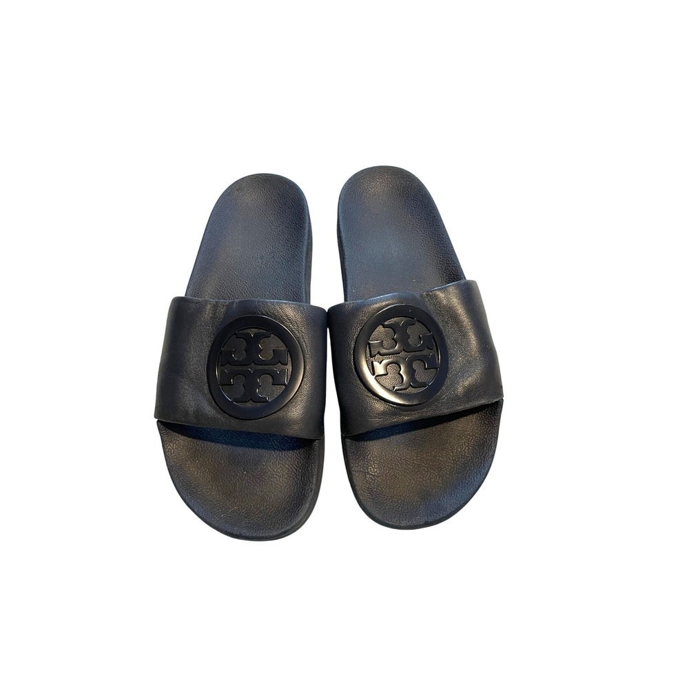 Navy Blue Leather Lina Slides Tory Burch Logo Sandals Size 8